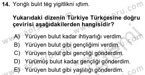 XI-XIII. Yüzyıllar Türk Dili Dersi 2021 - 2022 Yılı (Final) Dönem Sonu Sınav Soruları 14. Soru