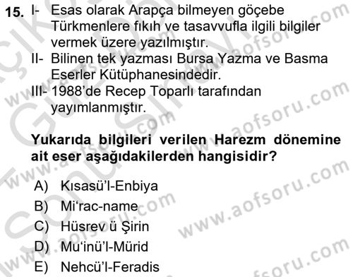 XI-XIII. Yüzyıllar Türk Dili Dersi 2021 - 2022 Yılı (Final) Dönem Sonu Sınav Soruları 15. Soru