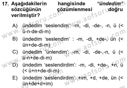 XI-XIII. Yüzyıllar Türk Dili Dersi 2021 - 2022 Yılı (Final) Dönem Sonu Sınav Soruları 17. Soru
