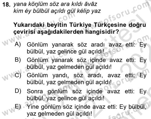 XI-XIII. Yüzyıllar Türk Dili Dersi 2021 - 2022 Yılı (Final) Dönem Sonu Sınav Soruları 18. Soru