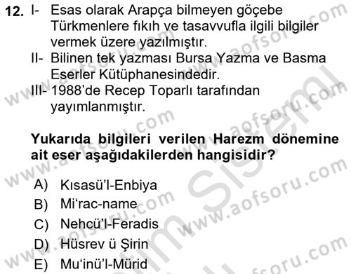 XI-XIII. Yüzyıllar Türk Dili Dersi 2021 - 2022 Yılı Yaz Okulu Sınav Soruları 12. Soru