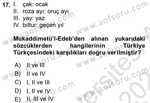 XI-XIII. Yüzyıllar Türk Dili Dersi 2021 - 2022 Yılı Yaz Okulu Sınav Soruları 17. Soru