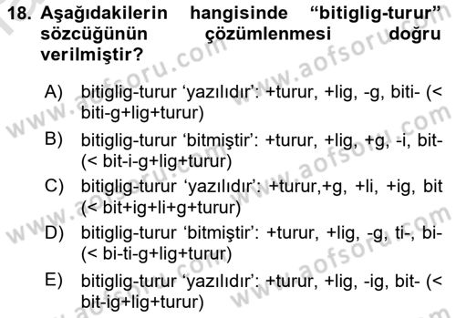 XI-XIII. Yüzyıllar Türk Dili Dersi 2021 - 2022 Yılı Yaz Okulu Sınav Soruları 18. Soru