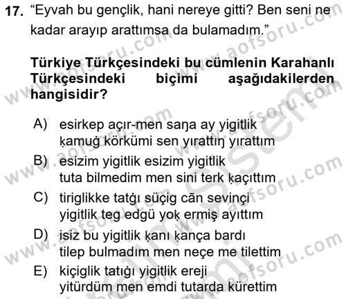 XI-XIII. Yüzyıllar Türk Dili Dersi Ara Sınavı Deneme Sınav Soruları 17. Soru