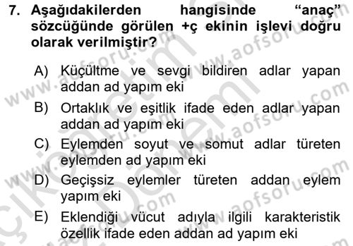 XI-XIII. Yüzyıllar Türk Dili Dersi Ara Sınavı Deneme Sınav Soruları 7. Soru