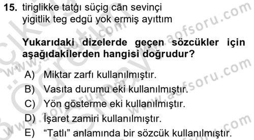 XI-XIII. Yüzyıllar Türk Dili Dersi 2022 - 2023 Yılı Yaz Okulu Sınav Soruları 15. Soru