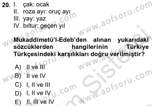 XI-XIII. Yüzyıllar Türk Dili Dersi 2022 - 2023 Yılı Yaz Okulu Sınav Soruları 20. Soru
