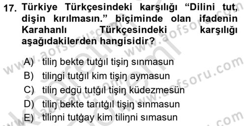 XI-XIII. Yüzyıllar Türk Dili Dersi Ara Sınavı Deneme Sınav Soruları 17. Soru
