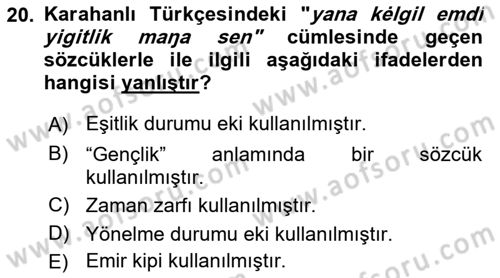 XI-XIII. Yüzyıllar Türk Dili Dersi Ara Sınavı Deneme Sınav Soruları 20. Soru