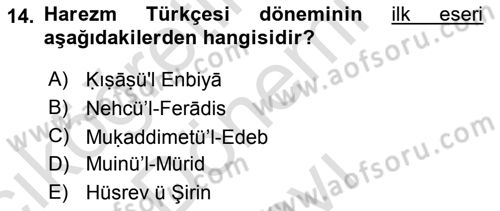 XI-XIII. Yüzyıllar Türk Dili Dersi 2023 - 2024 Yılı (Final) Dönem Sonu Sınav Soruları 14. Soru