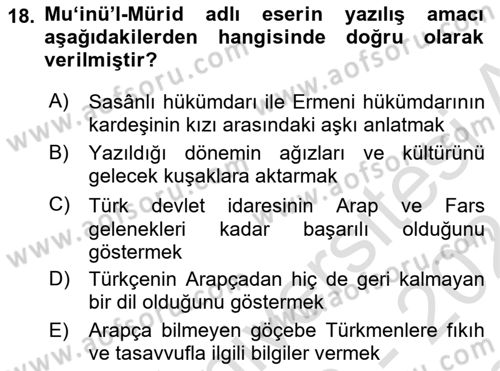 XI-XIII. Yüzyıllar Türk Dili Dersi 2023 - 2024 Yılı (Final) Dönem Sonu Sınav Soruları 18. Soru