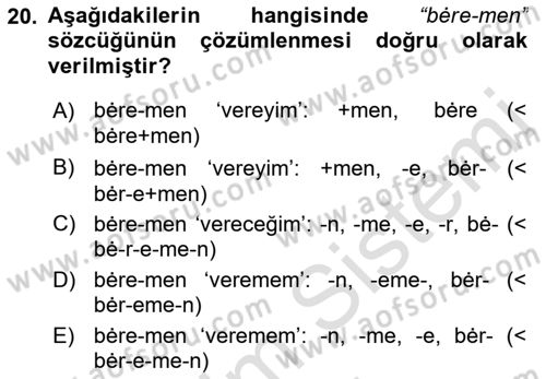 XI-XIII. Yüzyıllar Türk Dili Dersi 2023 - 2024 Yılı (Final) Dönem Sonu Sınav Soruları 20. Soru