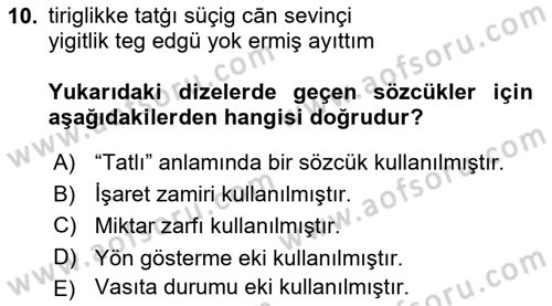 XI-XIII. Yüzyıllar Türk Dili Dersi 2023 - 2024 Yılı Yaz Okulu Sınav Soruları 10. Soru