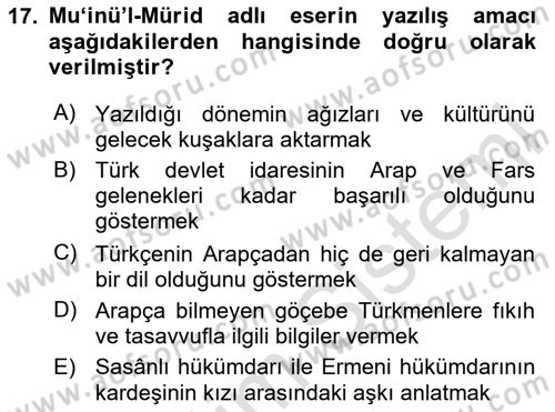 XI-XIII. Yüzyıllar Türk Dili Dersi 2023 - 2024 Yılı Yaz Okulu Sınav Soruları 17. Soru