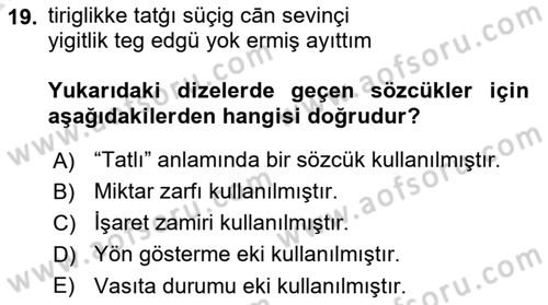 XI-XIII. Yüzyıllar Türk Dili Dersi 2024 - 2025 Yılı (Vize) Ara Sınav Soruları 19. Soru