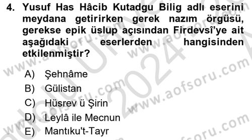XI-XIII. Yüzyıllar Türk Dili Dersi Ara Sınavı Deneme Sınav Soruları 4. Soru