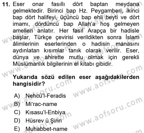 XI-XIII. Yüzyıllar Türk Dili Dersi 2024 - 2025 Yılı (Final) Dönem Sonu Sınav Soruları 11. Soru