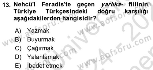 XI-XIII. Yüzyıllar Türk Dili Dersi 2024 - 2025 Yılı (Final) Dönem Sonu Sınav Soruları 13. Soru