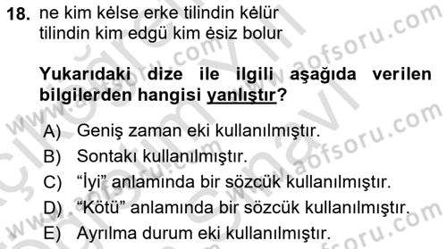 XI-XIII. Yüzyıllar Türk Dili Dersi 2025 - 2026 Yılı (Vize) Ara Sınav Soruları 18. Soru