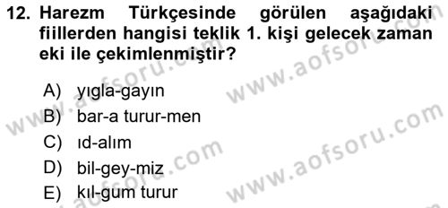 XI-XIII. Yüzyıllar Türk Dili Dersi 2025 - 2026 Yılı (Final) Dönem Sonu Sınav Soruları 12. Soru