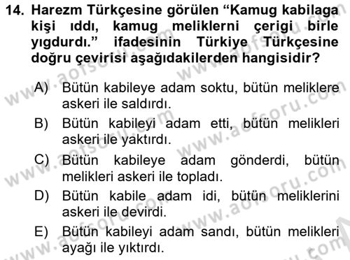 XI-XIII. Yüzyıllar Türk Dili Dersi 2025 - 2026 Yılı (Final) Dönem Sonu Sınav Soruları 14. Soru