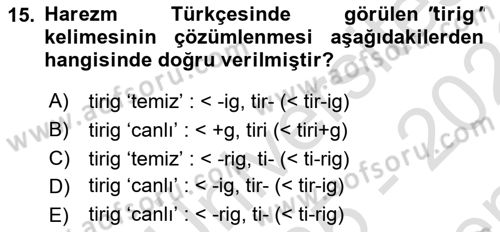 XI-XIII. Yüzyıllar Türk Dili Dersi 2025 - 2026 Yılı (Final) Dönem Sonu Sınav Soruları 15. Soru