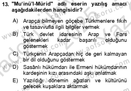XI-XIII. Yüzyıllar Türk Dili Dersi 2025 - 2026 Yılı Yaz Okulu Sınav Soruları 13. Soru