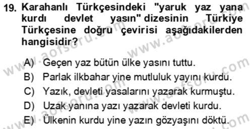 XI-XIII. Yüzyıllar Türk Dili Dersi 2025 - 2026 Yılı Yaz Okulu Sınav Soruları 19. Soru