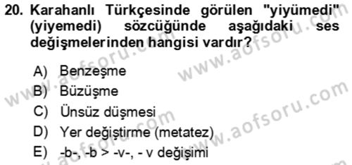 XI-XIII. Yüzyıllar Türk Dili Dersi 2025 - 2026 Yılı Yaz Okulu Sınav Soruları 20. Soru