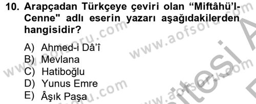 XIV-XV. Yüzyıllar Türk Dili Dersi 2012 - 2013 Yılı (Vize) Ara Sınav Soruları 10. Soru