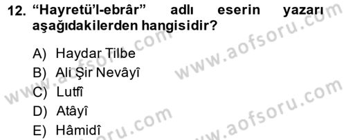 XIV-XV. Yüzyıllar Türk Dili Dersi 2013 - 2014 Yılı (Final) Dönem Sonu Sınavı 12. Soru