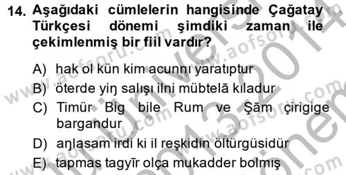 XIV-XV. Yüzyıllar Türk Dili Dersi 2013 - 2014 Yılı (Final) Dönem Sonu Sınav Soruları 14. Soru