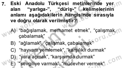 XIV-XV. Yüzyıllar Türk Dili Dersi 2013 - 2014 Yılı (Final) Dönem Sonu Sınav Soruları 7. Soru