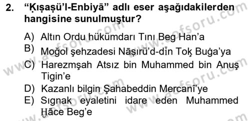 XIV-XV. Yüzyıllar Türk Dili Dersi 2013 - 2014 Yılı Tek Ders Sınav Soruları 2. Soru