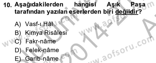 XIV-XV. Yüzyıllar Türk Dili Dersi 2014 - 2015 Yılı (Vize) Ara Sınav Soruları 10. Soru