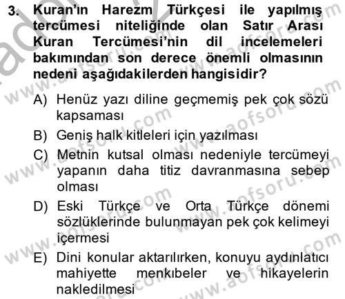 XIV-XV. Yüzyıllar Türk Dili Dersi 2014 - 2015 Yılı (Vize) Ara Sınavı 3. Soru