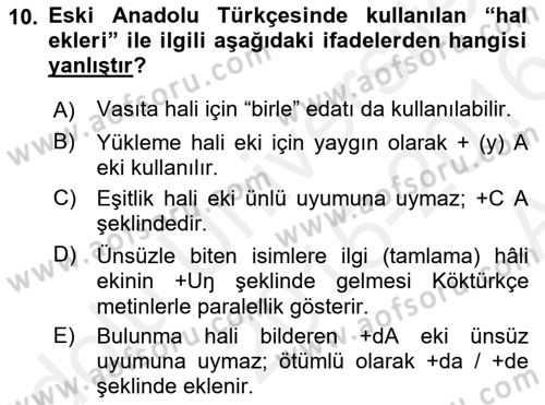 XIV-XV. Yüzyıllar Türk Dili Dersi 2015 - 2016 Yılı (Vize) Ara Sınav Soruları 10. Soru