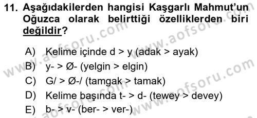 XIV-XV. Yüzyıllar Türk Dili Dersi 2015 - 2016 Yılı (Vize) Ara Sınav Soruları 11. Soru