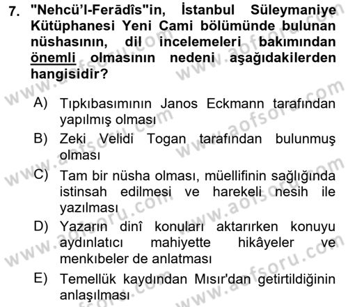 XIV-XV. Yüzyıllar Türk Dili Dersi 2015 - 2016 Yılı (Vize) Ara Sınav Soruları 7. Soru