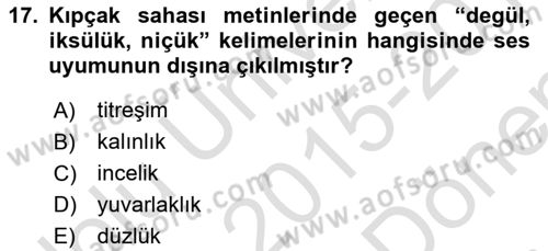 XIV-XV. Yüzyıllar Türk Dili Dersi 2015 - 2016 Yılı (Final) Dönem Sonu Sınav Soruları 17. Soru