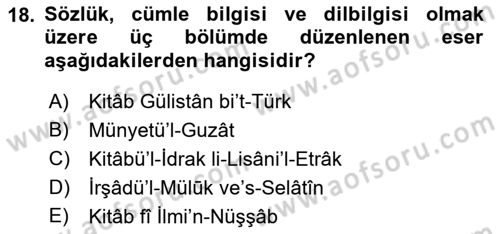 XIV-XV. Yüzyıllar Türk Dili Dersi 2015 - 2016 Yılı (Final) Dönem Sonu Sınav Soruları 18. Soru
