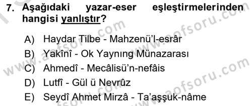 XIV-XV. Yüzyıllar Türk Dili Dersi 2015 - 2016 Yılı (Final) Dönem Sonu Sınav Soruları 7. Soru
