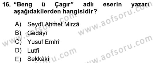 XIV-XV. Yüzyıllar Türk Dili Dersi 2015 - 2016 Yılı Tek Ders Sınavı 16. Soru