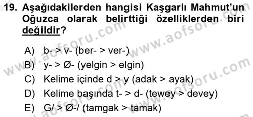 XIV-XV. Yüzyıllar Türk Dili Dersi 2015 - 2016 Yılı Tek Ders Sınavı 19. Soru