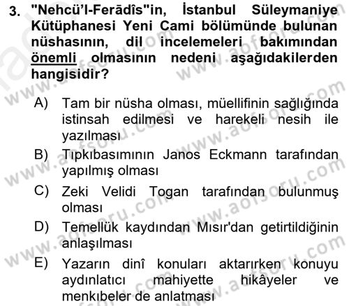 XIV-XV. Yüzyıllar Türk Dili Dersi 2015 - 2016 Yılı Tek Ders Sınav Soruları 3. Soru