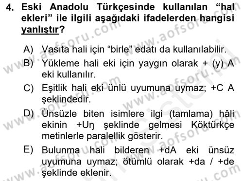 XIV-XV. Yüzyıllar Türk Dili Dersi 2015 - 2016 Yılı Tek Ders Sınav Soruları 4. Soru