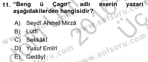 XIV-XV. Yüzyıllar Türk Dili Dersi 2016 - 2017 Yılı 3 Ders Sınav Soruları 11. Soru