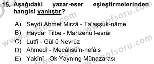 XIV-XV. Yüzyıllar Türk Dili Dersi 2016 - 2017 Yılı 3 Ders Sınavı 15. Soru