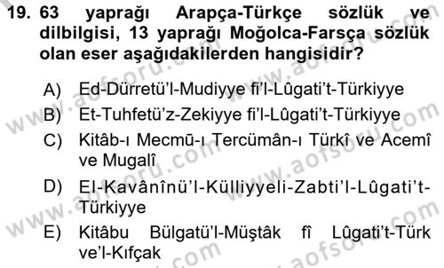 XIV-XV. Yüzyıllar Türk Dili Dersi 2016 - 2017 Yılı 3 Ders Sınav Soruları 19. Soru