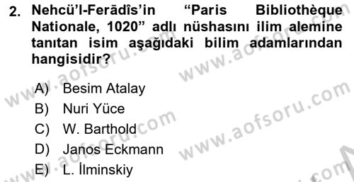 XIV-XV. Yüzyıllar Türk Dili Dersi 2016 - 2017 Yılı 3 Ders Sınav Soruları 2. Soru